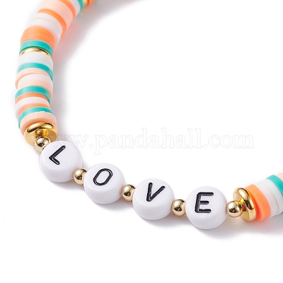 Handmade Polymer Clay Beads Bracelets Set, Acrylic Beads and Brass Beads,  Colorful, Inner Diameter: 2-1/8~3-3/8 inch(5.4~8.6cm), 2pcs/set