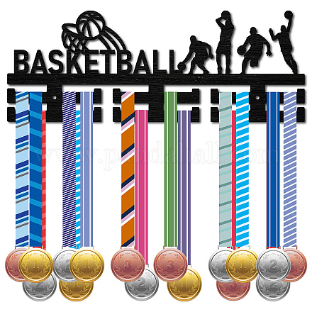 CREATCABIN Wooden Basketball Medal Hanger Display Medal Holder Sport Medal Rack Wall Rack Mounted Over 30 Medals Awards Ribbon Stand for Soccer Competition Athletes Medalist Black 15.7x5.9Inch ODIS-WH0041-031-1
