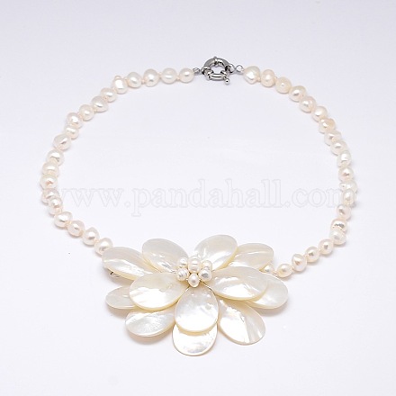 Flower Mother of Pearl Pendant Necklaces NJEW-N0014-32-1