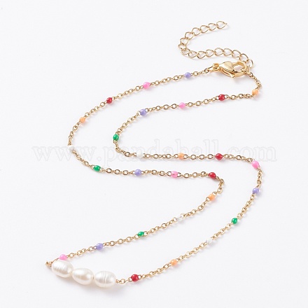 Natural Pearl Pendant Necklace with Colorful Enamel Chains for Women NJEW-JN03798-1