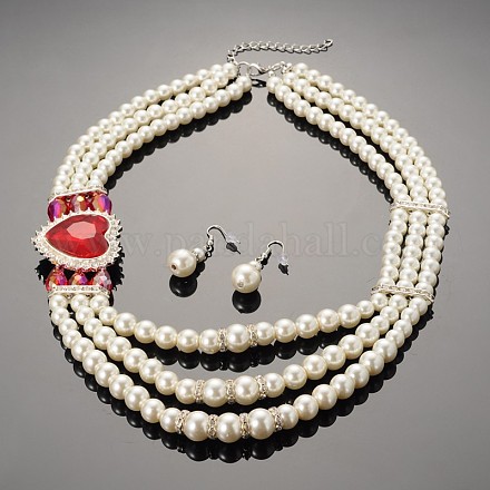 Glass Pearl Beaded Necklaces and Dangle Earrings Jewelry Sets X-SJEW-F034-05B-1