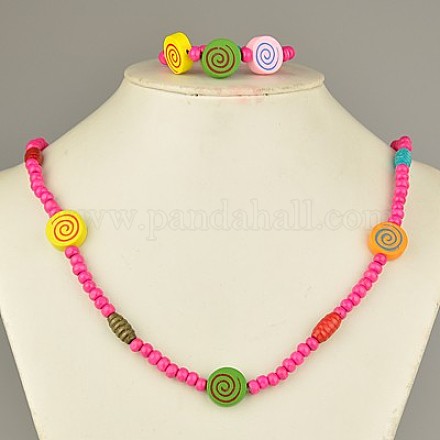 Colorful Wood Jewelry Sets for Kids: Bracelets and Necklaces SJEW-JS00313-02-1
