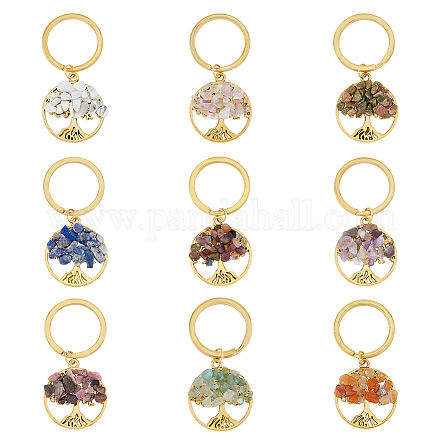 Porte-clés pendentif arbre de vie à puce de pierres précieuses avec breloque en alliage de style tibétain et fermoirs porte-clés en laiton KEYC-AB00021-1