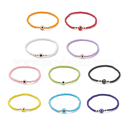 10 pièces 10 couleurs résine mauvais œil et perles de verre bracelets extensibles ensemble pour les femmes BJEW-JB09165-1