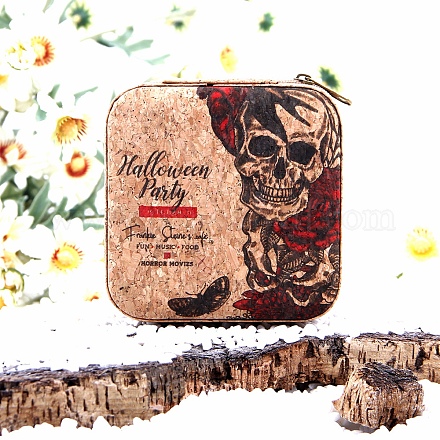 Portable Skull Printed Square Cork Wood Jewelry Packaging Zipper Box for Necklaces Earrings Storage PW-WG58346-01-1