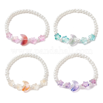 Bracelet extensible en perles de verre étoile et lune et perles d'imitation pour enfant BJEW-JB09265-1