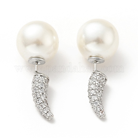 Corno di zirconi chiari con orecchini a bottone con perla acrilica davanti e dietro EJEW-G295-02B-P-1