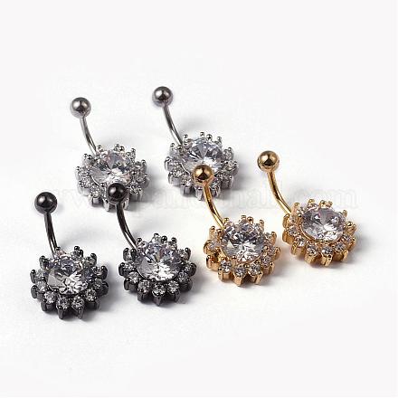 Flower 304 Stainless Steel Micro Pave Cubic Zirconia Navel Ring Belly Rings EJEW-L175-07-1