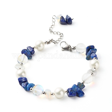 Bracelet en perles de lapis lazuli naturel (teint) pour fille femme BJEW-TA00019-04-1