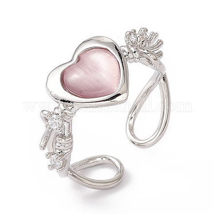 Glass Heart with Flower Open Cuff Ring RJEW-P038-01P-1