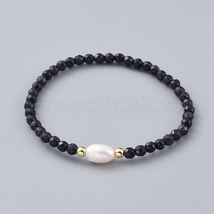 Bracelets synthétiques de perles d'or bleues synthétiques BJEW-JB04676-05-1
