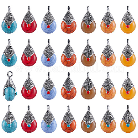 SUNNYCLUE 1 Box 28Pcs 7 Colors Resin Teardrop Charms Alloy Enamel Charms Pendants with Hole Tibetan Silver Metal Bead Caps for DIY Jewelry Making Necklace Bracelet Earring Accessories Charms RESI-SC0001-09AS-1