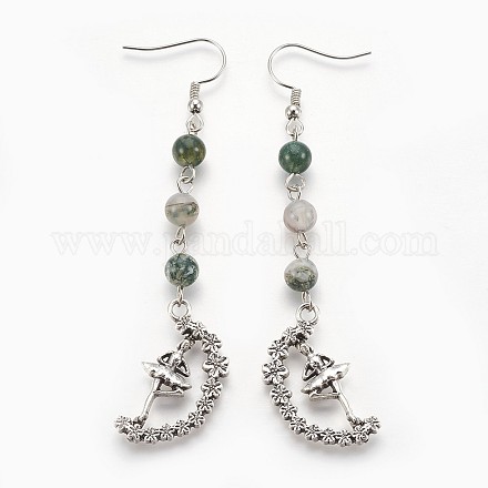 Natural Moss Agate Beads Dangle Earrings EJEW-JE02799-05-1