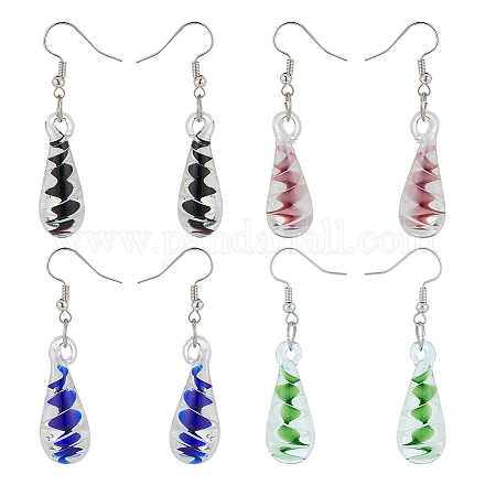 Fibloom 4 paires 4 couleurs goutte de verre avec boucle d'oreille pendante motif spirale EJEW-FI0001-07-1