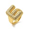 Letter Brass Micro Pave Clear Cubic Zirconia Open Cuff Ring for Women, Real 18K Gold Plated, Letter E, 19.5x14.5mm, US Size 6(16.5mm)