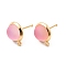 Brass Glass Stud Earrings, with Loop, Half Round, Nickel Free, Real 18K Gold Plated, 12.5x10.5mm, Hole: 1.2mm, Pin: 0.7mm