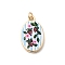Printed Brass Pendants, Flower Pattern Charms, Golden, with Jump Ring, Oval, 23x14x3.5mm, Hole: 3mm