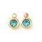 304 Stainless Steel Charms, with Rhinestone, Flat Round, Polishing, Real 18K Gold Plated, Deep Sky Blue, 9x6.5x3.5mm, Hole: 2mm