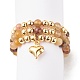 3Pcs 3 Style Natural Gemstone & Brass Beaded Finger Rings with 304 Stainless Steel Heart Charms for Women RJEW-JR00470-4