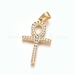 Ion Plating(IP) 304 Stainless Steel Pendants, with Crystal Rhinestone, Religion, Ankh Cross, Golden, 44.5x25x3.5mm, Hole: 5.5x7.5mm