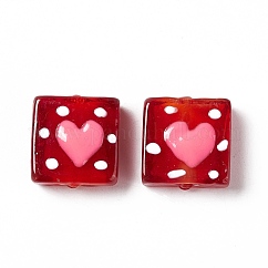 Manuell Murano Glas Perlen, Quadrat mit Herz-Muster, Rosa, 16x15x6 mm, Bohrung: 1.8 mm