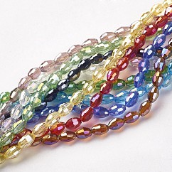 Abalorios de vidrio electroplate hebras, color de ab chapado, oval con facetas, color mezclado, 6x4mm, agujero: 1 mm, aproximamente 63~65 pcs / cadena, 16.14~16.54 pulgada (41~42 cm)