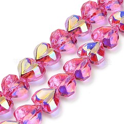 Chapelets de perles en verre transparent électrolytique, cœur, facette, de couleur plaquée ab , demi-plaqué, rose chaud, 15x13x8.5mm, Trou: 1mm, Environ 50 pcs/chapelet, 23.62 pouce (60 cm)