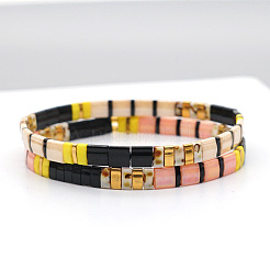 Braccialetti vintage bohémien in vetro tila con perline da spiaggia elasticizzate&nbsp;OP4703-2