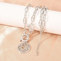 Collar colgante redondo plano hueco de latón con micro circonitas cúbicas transparentes y corazón para el Día de la Madre.&nbsp;NJEW-A071-05P