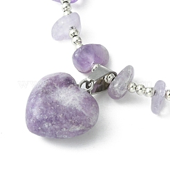 Braccialetto con ciondolo a forma di cuore in pietra naturale lepidolite/mica viola con catene di perline&nbsp;BJEW-TA00295-02