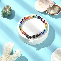 Pierre de lave naturelle et lampwork mauvais œil bracelet extensible perlé rond&nbsp;BJEW-JB09376