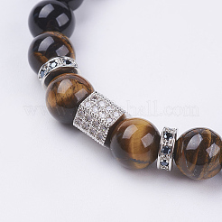 Bracelet extensible perlé oeil de tigre naturel & obsidienne noire & zircone cubique&nbsp;BJEW-P188-06B-01