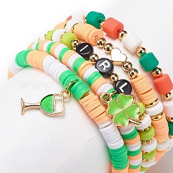 Наборы эластичных браслетов Heishi из полимерной глины и пресноводного жемчуга ко дню святого Патрика&nbsp;BJEW-JB08768