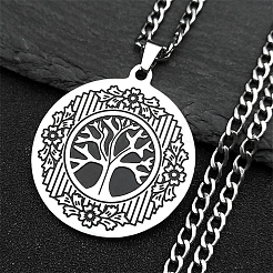 Collana a catena intrecciata piatta e rotonda in acciaio inossidabile 201 con ciondolo albero della vita per donna&nbsp;PW-WG3FDD3-01
