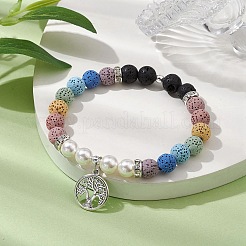 Braccialetti elasticizzati rotondi con perline di roccia lavica naturale bicolore da 8 mm e perle di conchiglia&nbsp;BJEW-JB10329-01