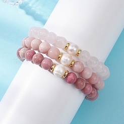 Ensemble de 3 bracelet extensible empilable en perles rondes de quartz rose naturel&nbsp;BJEW-JB12995