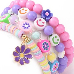 4pcs 4 bracciali elasticizzati fatti a mano in argilla polimerica heishi con perline da surfista con perline acriliche sorridenti&nbsp;BJEW-JB09097