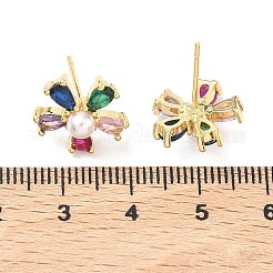 Цветок латунь кубического циркония серьги стержня&nbsp;EJEW-P336-06G-01