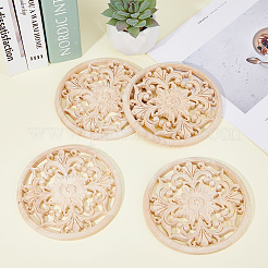 Applique plate et ronde en bois sculpté avec fleur&nbsp;WOOD-WH0131-15