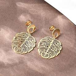 Серьги-гвоздики из нержавеющей стали 304 в форме листа&nbsp;EJEW-H175-04G