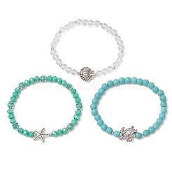 3шт 3 стиля круглые стеклянные и синтетические бирюзовые бусины наборы эластичных браслетов для женщин&nbsp;BJEW-JB11654