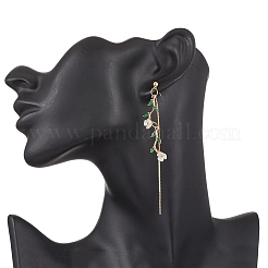 Листья с цветком латунные серьги-гвоздики с кисточками из микропаве из кубических цирконий&nbsp;EJEW-JE06456