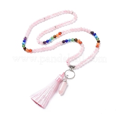 Collar con colgante de bala y borla de cuarzo rosa natural con cadenas de cuentas de piedras preciosas mixtas&nbsp;NJEW-E585-02E