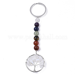 Porte-clés chakra de copeaux d'opalite, avec porte-clés fendus en acier inoxydable plaqué platine et perles rondes en pierres mélangées, plat et circulaire avec arbre de vie, 122mm