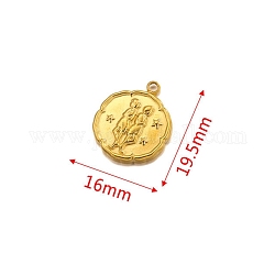 Stainless Steel Pendant, Golden, Flat Round with Constellation Charm, Gemini, 19.5x16mm