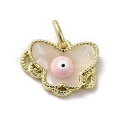 Breloques papillon en laiton avec coquille en émail mauvais œil et anneaux de saut, véritable 18k plaqué or, rose, 11.5x15x3mm, Trou: 3.8mm