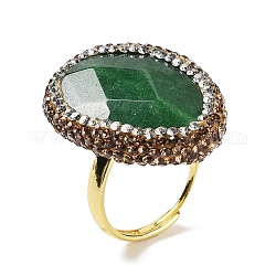 Bague réglable en forme de larme en jade teint naturel avec strass, bijoux en laiton plaqué or pour femme, vert de mer foncé, diamètre intérieur: 17~17.5 mm