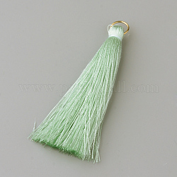 Décoration de pendentifs pompon en fil de nylon, avec les accessoires en laiton, or, vert pale, 35x7mm, Trou: 7mm