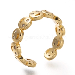 Latón micro pave anillos de brazalete de circonio cúbico, anillos abiertos, cara sonriente, sin plomo y cadmio, real 18k chapado en oro, nosotros tamaño 6, diámetro interior: 17 mm