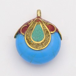 Handmade Tibetan Style Flat Round Pendants, Brass Enamel Findings with Imitation Turquoise Beads, Antique Golden, Light Sky Blue, 36x27x14.5mm, Hole: 5~6mm